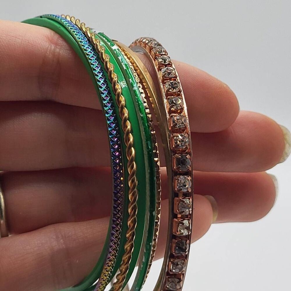Lot of 9 Iridescent Green Gold and Rhinestone Bohemian Belly Dance Bangle Bracel